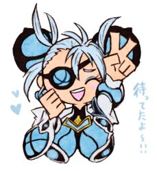Rule 34 | 1girl, :d, ^ ^, arm up, asozan (cocomil), breasts, chibi, closed eyes, cropped torso, eyepatch, facing viewer, grey hair, heart, large breasts, open mouth, praxis (xenoblade), puffy short sleeves, puffy sleeves, short sleeves, simple background, smile, solo, thick eyebrows, translation request, upper body, v, white background, xenoblade chronicles (series), xenoblade chronicles 2