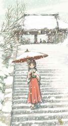 Rule 34 | 1girl, 2others, black hair, highres, japanese clothes, long hair, miko, multiple others, oil-paper umbrella, original, shrine, snow, solo focus, stairs, standing, tomomi (user xtmw2443), umbrella, winter
