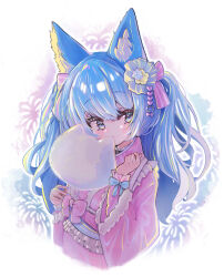 Rule 34 | 1girl, absurdres, aerial fireworks, animal ear fluff, animal ears, blue bow, blue eyes, blue hair, blush, bow, breasts, cat ears, cat hair ornament, commentary request, cotton candy, eating, fireworks, frilled kimono, frills, hair between eyes, hair bow, hair ornament, heart, heart hair ornament, highres, japanese clothes, kimono, long hair, long sleeves, looking at viewer, medium bangs, nanashi inc., open mouth, pink bow, pink kimono, sanada shinka, sleeve bow, small breasts, solo, souya ichika, two side up, upper body, virtual youtuber, white background, yukata