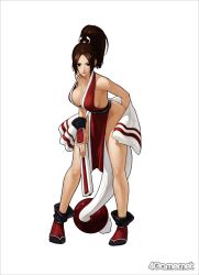 Rule 34 | 1girl, bent over, black eyes, black hair, blush, breasts, brown eyes, brown hair, cleavage, dress, fatal fury, folded fan, folding fan, hair ribbon, hand fan, japanese clothes, king of fighters xiii, large breasts, legs, lipstick, loincloth, long hair, makeup, no bra, official art, ogura eisuke, pelvic curtain, ponytail, ribbon, shiranui mai, sideboob, simple background, smile, snk, solo, standing, the king of fighters, the king of fighters xiii, watermark