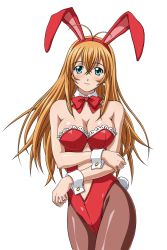 Rule 34 | 1girl, animal ears, antenna hair, aqua eyes, bare shoulders, bow, bowtie, breasts, cleavage, clothing cutout, cowboy shot, crossed bangs, detached collar, fake animal ears, highres, ikkitousen, large breasts, leotard, long hair, looking at viewer, navel, navel cutout, official art, orange hair, pantyhose, playboy bunny, rabbit ears, rabbit tail, simple background, solo, sonsaku hakufu, tail, white background, wrist cuffs