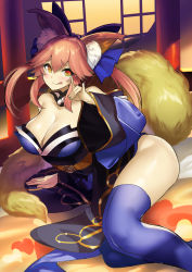 Rule 34 | 1girl, animal ear fluff, animal ears, bare shoulders, blue kimono, blue thighhighs, blush, breasts, cleavage, closed mouth, fate/extra, fate (series), fox ears, fox girl, fox shadow puppet, fox tail, hair between eyes, highres, japanese clothes, kimono, large breasts, long hair, long sleeves, looking at viewer, muunyan (yumenekoya), pink hair, sidelocks, smile, tail, tamamo (fate), tamamo no mae (fate/extra), thighhighs, yellow eyes