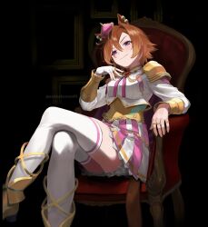 Rule 34 | 1girl, animal ears, armchair, armor, bloomers, boots, breasts, brown hair, chair, closed mouth, corset, crossed legs, crown, ear piercing, fingerless gloves, gloves, hand on own chest, high heel boots, high heels, highres, horse ears, jewelry, long sleeves, looking at viewer, multiple rings, picture frame, piercing, purple eyes, qing (sankakuosushi), ring, shirt, short hair, shoulder armor, single glove, sitting, small breasts, smile, solo, t.m. opera o (umamusume), thighhighs, twitter username, two-tone skirt, umamusume, underwear, v-shaped eyebrows, watermark, white gloves, white shirt, white thighhighs, yellow footwear