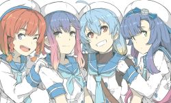 Rule 34 | 4girls, arm around neck, blonde hair, blue hair, blue neckerchief, blue ribbon, bob cut, braid, buttons, etorofu (kancolle), gloves, gradient eyes, gradient hair, green eyes, grin, hair ornament, hair ribbon, hand on another&#039;s shoulder, hands on another&#039;s shoulders, hat, kantai collection, light blue hair, long hair, long sleeves, looking at viewer, matsuwa (kancolle), multicolored eyes, multicolored hair, multiple girls, neckerchief, ninimo nimo, one eye closed, open mouth, orange hair, purple eyes, purple hair, red eyes, red hair, ribbon, sado (kancolle), sailor collar, sailor hat, school uniform, serafuku, short sleeves, sidelocks, smile, standing, thick eyebrows, tsushima (kancolle), twin braids, white background, white gloves