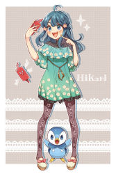 Rule 34 | 1girl, ahoge, alternate costume, blue eyes, blue hair, blush, border, brown pantyhose, character name, commentary request, creatures (company), dawn (pokemon), dress, frills, game freak, gen 4 pokemon, green dress, hair ornament, hands up, long hair, nintendo, open mouth, outline, pantyhose, piplup, pointing, pokemon, pokemon (anime), pokemon (creature), pokemon dppt (anime), rotom, rotom phone, sasairebun, shoes, smile, teeth, tongue, white border