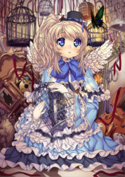 Rule 34 | 1girl, angel wings, blue eyes, blush, brown hair, bug, butterfly, cage, dress, frills, gothic lolita, hat, insect, kink (tortoiseshell), lolita fashion, long hair, mini hat, mini top hat, solo, top hat, wings