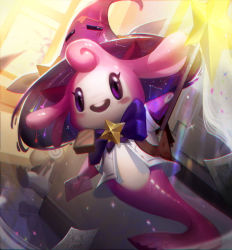 Rule 34 | :d, blue bow, blue bowtie, bow, bowtie, colored skin, envelope, hat, highres, holding, holding envelope, holding staff, indoors, jacket, league of legends, little legend, looking at viewer, mermaid, monster girl, no humans, open mouth, pink headwear, pink skin, purple eyes, smile, staff, star (symbol), star guardian (league of legends), teeth, upper teeth only, vincent t (oriaarts), walking, white jacket, witch hat