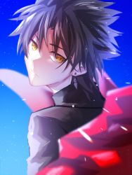 Rule 34 | 1boy, amakusa shirou (fate), black hair, black shirt, blue background, closed mouth, earrings, fate/apocrypha, fate (series), head tilt, highres, jewelry, light particles, looking back, male focus, nn mr, shirt, short hair, simple background, smile, solo, spiked hair, turtleneck, yellow eyes