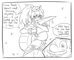 Rule 34 | 1boy, 1girl, biting, biting own tail, blush, borrowed character, bowsette, breasts, cabbie hat, cleavage, comic, crown, dress, earrings, english text, facial hair, fang, forked eyebrows, genderswap, genderswap (mtf), greyscale, hat, horns, humanization, jewelry, large breasts, lineart, mario, mario (series), matsu-sensei, monochrome, mustache, new super mario bros. u deluxe, nintendo, ponytail, simple background, sketch, speech bubble, spiked shell, super crown, surprised, tail, tail biting, text focus, white background, wide-eyed