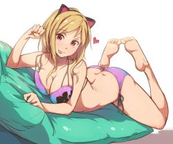 Rule 34 | 10s, 1girl, :p, animal ears, ass, barefoot, bikini, blonde hair, blush, breasts, butt crack, cat ears, cleavage, duplicate, feet, floral print, heart, idolmaster, idolmaster million live!, jpeg artifacts, large breasts, legs up, looking at viewer, lying, momose rio, on stomach, paw pose, pillow, purple bikini, red eyes, shiny skin, short hair, side-tie bikini bottom, smile, soles, solo, swimsuit, the pose, toes, tokiwa mmm, tongue, tongue out