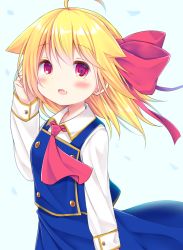 Rule 34 | 1girl, :d, ahoge, ascot, blonde hair, blue skirt, blue vest, blush, bow, collared shirt, commentary request, esureki, fang, hair between eyes, hair bow, hair flaps, long hair, long sleeves, looking at viewer, open mouth, red ascot, red bow, red eyes, rumia, shirt, skirt, sleeves past wrists, smile, solo, touhou, vest, white shirt