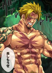 Rule 34 | 1boy, abs, bara, beard, beowulf (fate), blonde hair, chun (luxtan), facial hair, fate/grand order, fate (series), highres, large pectorals, looking at viewer, male focus, male pubic hair, manly, muscular, nipples, pectorals, pubic hair, red eyes, scar, topless male, smile, solo, sweat, tattoo, translation request, upper body