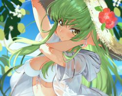 Rule 34 | 1girl, arms up, bikini, bikini top only, blue sky, bracelet, breasts, brown hat, c.c., closed mouth, cloud, code geass, creayus, day, earrings, green hair, hat, jacket, jewelry, long hair, looking at viewer, medium breasts, open clothes, open jacket, outdoors, sky, smile, solo, straw hat, swimsuit, upper body, white bikini, white jacket, yellow eyes