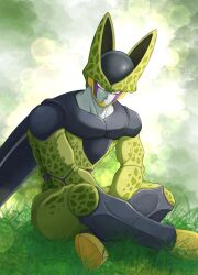 Rule 34 | 1boy, blurry, bokeh, cell (dragon ball), commentary request, depth of field, dragon ball, dragonball z, highres, indian style, looking at viewer, male focus, perfect cell, pink eyes, sitting, smile, solo, takumi1230g