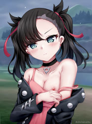 Rule 34 | 1girl, asymmetrical bangs, bare shoulders, black choker, black hair, black jacket, blush, breasts, choker, chrisandita, closed mouth, cloud, cloudy sky, collarbone, commentary, creatures (company), dress, earrings, game freak, green eyes, hair ribbon, head tilt, highres, jacket, jewelry, long hair, looking at viewer, marnie (pokemon), nintendo, nipples, off shoulder, one breast out, open clothes, open jacket, outdoors, pink dress, pokemon, pokemon swsh, red ribbon, ribbon, sky, sleeveless, sleeveless dress, small breasts, solo, stud earrings, twintails, twitter username, upper body, v-shaped eyebrows
