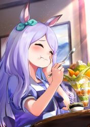 Rule 34 | 1girl, :t, ^ ^, absurdres, animal ears, blue ribbon, blush, closed eyes, closed mouth, commentary request, cup, day, eating, food, food on face, fruit, gold ship (umamusume), hair ribbon, hamanashi (trapiorra), hand on own cheek, hand on own face, highres, horse ears, ice cream spoon, indoors, long hair, mejiro mcqueen (umamusume), melon, parfait, purple hair, purple shirt, ribbon, school uniform, shirt, short sleeves, signature, solo, spoon, sunlight, swept bangs, table, teacup, umamusume, upper body, very long hair, wavy mouth