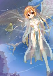 Rule 34 | 1girl, absurdres, angel wings, bell, blonde hair, cross, feathers, highres, long hair, orange eyes, original, partially submerged, see-through, sleeveless, smile, solo, staff, totto, very long hair, water, wings