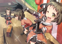 Rule 34 | 10s, 3girls, ;d, ahoge, antenna hair, black gloves, brown eyes, brown hair, check commentary, commentary request, double bun, elbow gloves, gloves, hair intakes, hair ornament, hair ribbon, half updo, hand on own knee, holding microphone, jintsuu (kancolle), kantai collection, lantern, long hair, microphone, multiple girls, naka (kancolle), one eye closed, open mouth, outstretched arm, ribbon, school uniform, sendai (kancolle), serafuku, shinonome haru, short hair, skirt, smile, sparkle, speaker, table, two side up