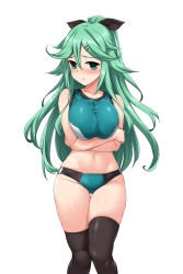 Rule 34 | 1girl, alternate costume, black ribbon, black thighhighs, blush, breasts, buruma, commentary request, cowboy shot, green eyes, green hair, hair between eyes, hair ornament, hair ribbon, hairclip, highres, kantai collection, large breasts, long hair, looking at viewer, nose blush, parted bangs, ponytail, ribbon, sidelocks, simple background, solo, sports bikini, thigh gap, thighhighs, track and field, track uniform, white background, yamakaze (kancolle), yoshi tama