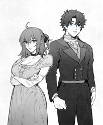 1boy 1girl ahoge blue_eyes breasts choker cleavage collarbone commentary crossed_arms dress elbow_gloves english_commentary expressionless fate/grand_order fate_(series) formal_clothes fujimaru_ritsuka_(female) fujimaru_ritsuka_(male) gloves greyscale jacket kulissara-aung large_breasts long_dress medium_hair monochrome one_side_up orange_eyes spot_color