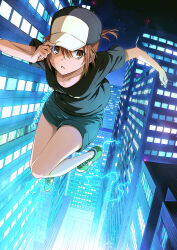 Rule 34 | 1girl, academy city, airborne, baseball cap, black hat, black shirt, blue shorts, breasts, brown eyes, brown hair, city, coin, collarbone, comiket 102, commentary request, electricity, electrokinesis, green footwear, hand on headwear, hat, holding, holding coin, isshi pyuma, misaka mikoto, night, night sky, psychic, shirt, shoes, short hair, short ponytail, short shorts, short sleeves, shorts, sky, small breasts, sneakers, solo, star (sky), toaru kagaku no railgun, toaru majutsu no index, twitter username, white hat