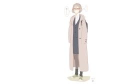 Rule 34 | ..., 1girl, backpack, bag, black socks, buttons, coat, collared shirt, dated, female focus, formal, full body, glasses, green footwear, grey coat, grey hair, highres, hood, hood down, hooded coat, kunami himehiko, long coat, loose socks, mole, mole on cheek, mole under mouth, office lady, open clothes, open coat, original, pantyhose, pencil skirt, red-framed eyewear, shirt, shoes, simple background, skirt, sleeves past wrists, socks, solo, standing, thought bubble, untied footwear, white background, wide-eyed