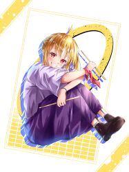 Rule 34 | 1girl, ahoge, arms on knees, blonde hair, bocchi the rock!, brown footwear, clenched teeth, crossed arms, detached ahoge, drumsticks, full body, highres, holding, holding drumsticks, ijichi nijika, invisible chair, kikugawa roku, long skirt, looking at viewer, purple skirt, red eyes, red ribbon, ribbon, shirt, sitting, skirt, smile, solo, teeth, white shirt, wide sleeves, wrist ribbon, wristband