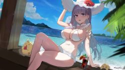 Rule 34 | &gt; &lt;, 1girl, arm support, arms up, artist name, azur lane, bare arms, bare legs, bikini, blue sky, blunt bangs, breasts, choker, cloud, drink, dutch angle, feet out of frame, flower, frilled bikini, frills, glass, hand on headwear, hat, hat flower, highres, knees up, large breasts, leaf, leaning back, lens flare, light blush, long hair, looking at viewer, maanu, manjuu (azur lane), mountainous horizon, navel, ocean, outdoors, parted lips, pink eyes, pink hair, plymouth (azur lane), sitting, sky, stomach, sun hat, swimsuit, thighs, tropical drink, white bikini, white choker, white headwear