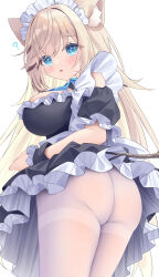 Rule 34 | 1girl, :o, accidental exposure, animal ear fluff, animal ears, ass, black dress, blonde hair, blue eyes, blush, branch, breasts, cat ears, commentary request, copyright request, dress, from behind, hair intakes, highres, huge ass, large breasts, long hair, looking at viewer, looking back, maid, maid headdress, pantyhose, parted lips, puffy short sleeves, puffy sleeves, satsuki yukimi, short sleeves, simple background, solo, standing, thighband pantyhose, very long hair, virtual youtuber, white background, white pantyhose, wrist cuffs