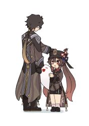 Rule 34 | 1boy, 1girl, absurdres, black gloves, black hair, black headwear, boo tao (genshin impact), boots, brown hair, flower, genshin impact, ghost, gloves, gradient hair, hair between eyes, hat, hat flower, headpat, height difference, highres, hu tao (genshin impact), long hair, long sleeves, low twintails, multicolored hair, open mouth, origami gyokuo, plum blossoms, red eyes, red flower, red hair, simple background, socks, standing, twintails, white background, white socks, zhongli (genshin impact)