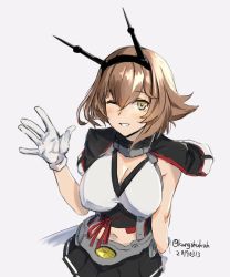 Rule 34 | 1girl, breasts, brown hair, capelet, commentary request, cowboy shot, dated, gloves, green eyes, hairband, headgear, kangoku kou, kantai collection, large breasts, looking at viewer, midriff, mutsu (kancolle), mutsu kai ni (kancolle), navel, one-hour drawing challenge, one eye closed, radio antenna, short hair, simple background, solo, twitter username, waving, white background, white gloves