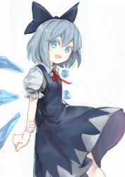 Rule 34 | 1girl, arms behind back, asutora, blue dress, blue eyes, blue hair, blue wings, cirno, collared shirt, colored eyelashes, commentary request, cowboy shot, dress, hair between eyes, highres, ice, ice wings, looking at viewer, open mouth, puffy short sleeves, puffy sleeves, red ribbon, ribbon, shirt, short hair, short sleeves, simple background, sketch, smile, solo, standing, touhou, white background, wing collar, wings
