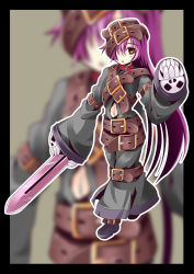Rule 34 | 1girl, absurdres, arm up, belt, black border, border, clothing cutout, collarbone, hair over one eye, highres, ichimi, long hair, looking at viewer, navel cutout, open mouth, pixiv fantasia, pixiv fantasia fallen kings, purple hair, skull, solo, sword, teeth, weapon, yellow eyes, zoom layer