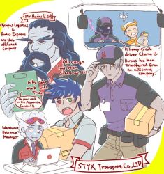 Rule 34 | 6+boys, ^ ^, alternate universe, astraea f, baseball cap, black hair, black sclera, charon (hades), clipboard, closed eyes, collared shirt, colored sclera, computer, contemporary, eating, english text, facial hair, green eyes, gyro, hades (hades), hades (series), hades 1, hat, hermes (hades), heterochromia, hypnos (hades), laptop, male focus, mismatched sclera, motor vehicle, multiple boys, mustache, necktie, open mouth, package, red eyes, shirt, smile, thanatos (hades), truck, white hair, winged hat, yellow eyes, zagreus (hades)