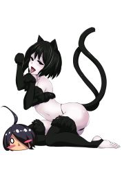 Rule 34 | 1girl, :&lt;, absurdres, ahoge, animal ears, araragi koyomi, ass, azutan, bare shoulders, black bra, black eyes, black gloves, black hair, black legwear, black panties, blush, blush stickers, bob cut, bra, cat ears, cat girl, cat tail, chibi, chibi inset, collarbone, commentary, disembodied head, elbow gloves, empty eyes, eyelashes, full body, fur, fur-trimmed bra, fur-trimmed gloves, fur-trimmed legwear, fur trim, gloves, hair over one eye, highres, kneeling, looking at viewer, looking to the side, monogatari (series), multiple tails, narrowed eyes, naughty face, navel, nekomata, o o, open mouth, oshino ougi, pale skin, panties, paw pose, raised eyebrows, romaji commentary, short hair, solo, stirrup legwear, tail, toeless legwear, toes, tongue, tongue out, transparent background, two tails, underwear