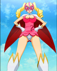 Rule 34 | 00s, 1girl, blonde hair, breasts, cape, cleavage, cleavage cutout, clothing cutout, day, dress, drill hair, gloves, hands on own hips, impossible clothes, impossible shirt, kirameki project, large breasts, lipstick, makeup, mask, nene (kirameki project), open mouth, panties, pantyshot, screencap, shirt, short dress, sky, solo, standing, twintails, underwear, white gloves, white panties