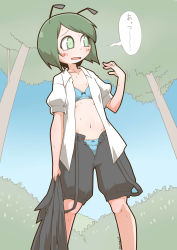 Rule 34 | 1girl, absurdres, antennae, black shorts, blue bra, blue panties, blue sky, blush stickers, bob cut, bow, bow bra, bow panties, bra, breasts, cape, unworn cape, collared shirt, day, fanning face, frown, green eyes, green hair, highres, holding, holding cape, holding clothes, looking to the side, motion lines, navel, open fly, open mouth, outdoors, panties, shirt, short hair, short sleeves, shorts, sky, small breasts, solo, standing, suspender shorts, suspenders, suspenders hanging, sweat, touhou, tree, twitter username, underwear, untucked shirt, white shirt, wriggle nightbug, zannen na hito