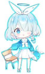 Rule 34 | 1girl, :d, arona (blue archive), blue archive, blue eyes, blue hair, blue outline, blue shirt, blush, braid, chair, chibi, commentary request, full body, hair over one eye, hair ribbon, halo, holding, holding stuffed toy, kotatu (akaki01aoki00), long sleeves, looking at viewer, multicolored hair, open mouth, outline, pink hair, pleated skirt, puffy long sleeves, puffy sleeves, ribbon, sailor collar, school chair, school uniform, serafuku, shirt, shoes, skirt, smile, solo, standing, stuffed animal, stuffed toy, stuffed whale, two-tone hair, white background, white footwear, white ribbon, white sailor collar, white skirt
