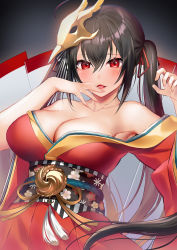 Rule 34 | 1girl, ahoge, asagi yuna, azur lane, bad id, bad pixiv id, bare shoulders, black hair, blush, breasts, cleavage, collarbone, finger to mouth, hair between eyes, hair ribbon, highres, japanese clothes, kimono, large breasts, long hair, looking at viewer, mask, mask on head, obi, off shoulder, open mouth, red eyes, red kimono, red ribbon, ribbon, rigging, sash, smile, solo, striped ribbon, taihou (azur lane), tassel, twintails, very long hair, wide sleeves