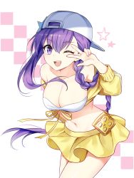 Rule 34 | 1girl, ;d, backwards hat, bandeau, bare shoulders, baseball cap, bb (fate), bb (fate) (all), bb (swimsuit mooncancer) (fate), bb (swimsuit mooncancer) (first ascension) (fate), braid, breasts, character name, cleavage, collarbone, cowboy shot, fate/grand order, fate (series), floating hair, groin, hair between eyes, hand up, hat, highres, jacket, large breasts, leaning forward, long hair, long sleeves, looking at viewer, miniskirt, navel, off shoulder, one eye closed, open mouth, purple eyes, purple hair, ribbon, sada (sadahalu), side braid, sidelocks, single braid, skirt, smile, solo, standing, star (symbol), stomach, very long hair, w, w over eye, white background, white hat, yellow jacket, yellow ribbon, yellow skirt