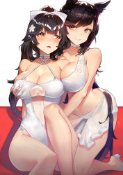 Rule 34 | 2girls, animal ears, arched back, atago (azur lane), atago (summer march) (azur lane), azur lane, bare legs, bare shoulders, between breasts, bikini, black hair, bow, grabbing another&#039;s breast, breasts, brown eyes, casual one-piece swimsuit, cleavage, criss-cross halter, duan henglong, flower, grabbing, hair bow, hair flower, hair ornament, halterneck, kneeling, large breasts, leaning forward, long hair, mole, mole under eye, multiple girls, navel, one-piece swimsuit, open mouth, ponytail, revision, sandals, simple background, sitting, smile, swept bangs, swimsuit, takao (azur lane), takao (beach rhapsody) (azur lane), very long hair, white bikini, white one-piece swimsuit