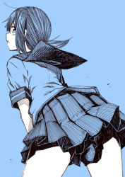 Rule 34 | 10s, 1girl, blue background, blue theme, female focus, from behind, fubuki (kancolle), holding clothes, holding skirt, kantai collection, kouji (campus life), leaning forward, looking at viewer, looking back, low ponytail, monochrome, pleated skirt, ponytail, school uniform, serafuku, short hair, short ponytail, short sleeves, simple background, sketch, skirt, solo, wind, wind lift