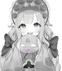 Rule 34 | 1girl, bonnet, braid, commentary, greyscale, highres, holding, hololive, hololive english, koseki bijou, licking, long hair, long sleeves, looking at viewer, monochrome, open mouth, pacifier, pebble (koseki bijou), saliva, solo, spot color, tongue, tongue out, twin braids, upper body, virtual youtuber, yazawa oke