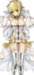 Rule 34 | 1girl, absurdres, akamakoto, bare shoulders, belt, blonde hair, blush, breasts, bridal veil, chain, cleavage, detached collar, detached sleeves, elbow gloves, fate/extra, fate/extra ccc, fate (series), gloves, green eyes, hair between eyes, hair intakes, highleg, highleg leotard, highres, large breasts, leotard, lock, long hair, looking at viewer, nero claudius (bride) (fate), nero claudius (bride) (second ascension) (fate), nero claudius (fate), nero claudius (fate) (all), padlock, puffy detached sleeves, puffy sleeves, smile, thighhighs, thighs, veil, white gloves, white leotard, white sleeves, white thighhighs, zipper pull tab