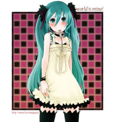 Rule 34 | 1girl, black thighhighs, blue eyes, blue hair, blush, border, checkered background, commentary, cowboy shot, dress, fork, frilled dress, frills, hair between eyes, hair ribbon, hatsune miku, long hair, looking at viewer, mouth hold, negi mugiya, red background, red ribbon, ribbon, sleeveless, solo, thighhighs, twintails, utensil in mouth, vocaloid, watermark, web address, white border, white dress, world is mine (vocaloid)