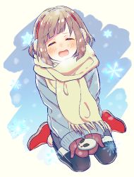 Rule 34 | 1girl, absurdres, black thighhighs, blue sweater, blush, breath, closed eyes, commentary request, earmuffs, etra-chan wa mita!, full body, highres, light brown hair, long sleeves, nyako (lhq3p), open mouth, red footwear, scarf, short hair, sitting, smile, solo, sweater, thighhighs, tsutsuji (etra-chan wa mita!), yellow scarf