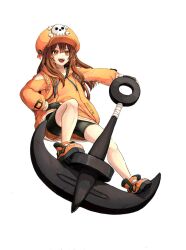 Rule 34 | 1girl, anchor, anchor symbol, backpack, bag, bare legs, bike shorts, black gloves, black shorts, brown hair, cabbie hat, ebi pri shrimp, fingerless gloves, full body, gloves, guilty gear, guilty gear strive, hat, hat ornament, hood, hoodie, jacket, long hair, long sleeves, looking at viewer, may (guilty gear), orange footwear, orange hat, orange hoodie, orange jacket, shorts, skull and crossbones, skull hat ornament, smile, solo, standing, standing on object, white background