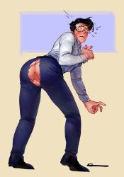 Rule 34 | 1boy, absurdres, anus, ass, blush, full body, glasses, highres, male focus, melanpsycholia, muscular, solo, sweat, testicles, torn clothes