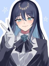 Rule 34 | 1girl, absurdres, ado (utaite), black bow, black bowtie, black hair, black jacket, blue background, blue eyes, blue flower, blue hair, blue rose, blush, bow, bowtie, chando (ado), closed mouth, cloud nine inc, collared shirt, colored inner hair, commentary, dress shirt, flower, flower brooch, gloves, hair between eyes, highres, jacket, long hair, long sleeves, looking at viewer, mole, mole under eye, multicolored hair, outline, rose, shirt, sidelocks, simple background, solo, tsukuno tsuki, two-tone hair, upper body, utaite, v, white gloves, white outline, white shirt