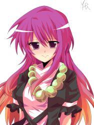 Rule 34 | 1girl, bead necklace, beads, black jacket, breasts, chinese commentary, closed mouth, commentary request, frilled sleeves, frills, gradient hair, highres, hijiri byakuren, jacket, jewelry, long hair, looking at viewer, medium breasts, medium hair, multicolored hair, necklace, open clothes, open jacket, orange hair, pink hair, puffy short sleeves, puffy sleeves, purple eyes, shirt, short sleeves, signature, simple background, smile, solo, touhou, white background, white shirt, yuan (yuan068533)